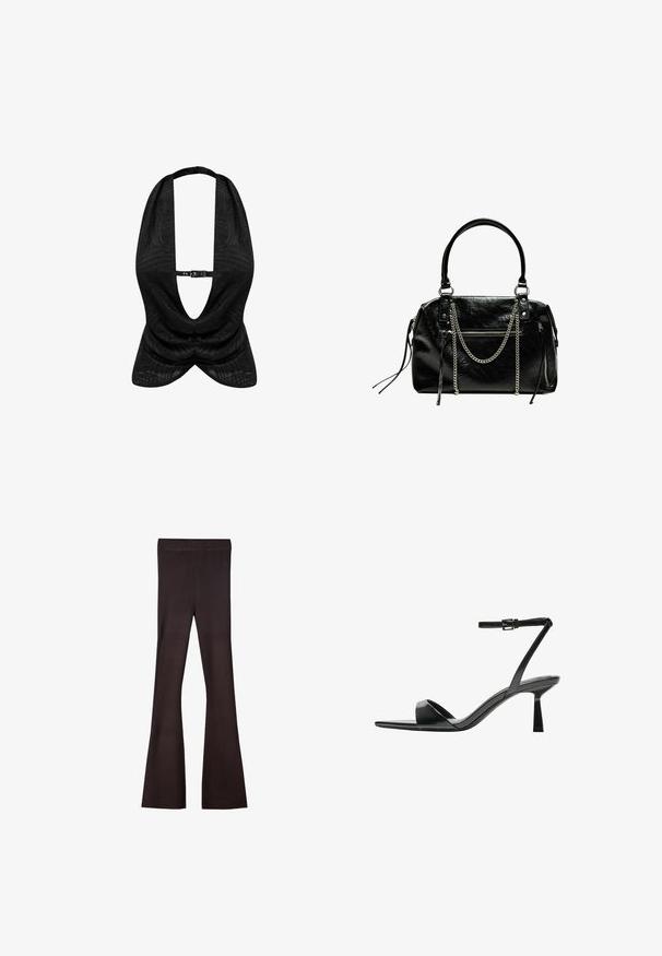 Top halter nero con un motivo testurizzato, scollatura a V profonda e chiusura frontale a gancetto. Tessuto morbido con design drappeggiato.; Bershka Pantaloni - dark brown; Bershka Sandali con tacco - black; Bershka WITH CHAIN - Borsa a mano - black