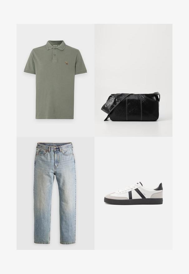 Olive green polo shirt made of cotton, featuring a two-button placket and a small embroidered moose logo on the chest. Short sleeves.; Light blue denim jeans with high waist, front button, zipper, and five-pocket design, laid flat on a neutral background.; White sneaker with black and gray accents, featuring a textured gray toe cap, black rubber sole, and flat white laces. Clean design, minimalist style.; Black leather shoulder bag with a zip closure, featuring a textured body, white stitching, and a strap with silver grommets.