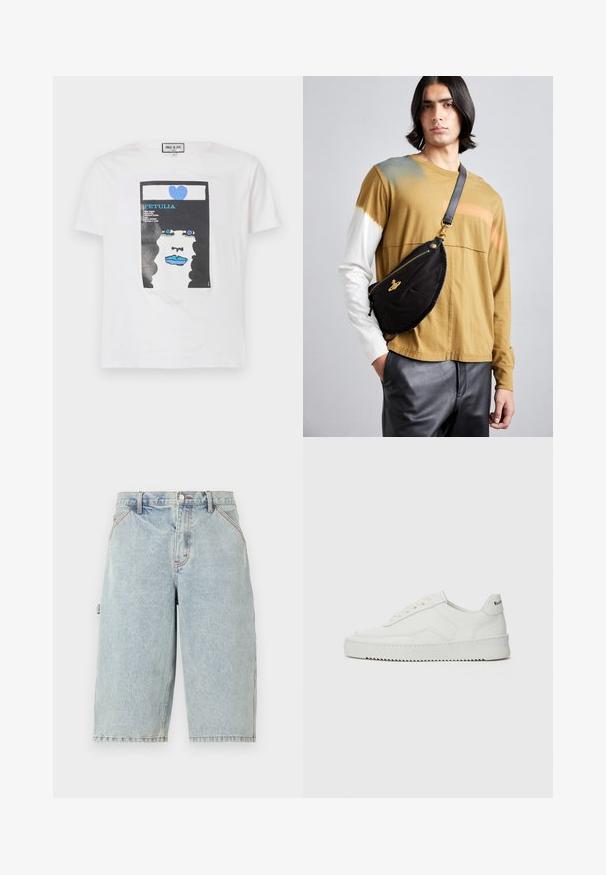 Hvid bomulds-T-shirt med et grafisk print af et ansigt med sort krøllet hår, blå læber og et blåt hjerte, med tekstelementer inkluderet.; Noon Goons RUNAWAY - Denimshorts - washed blue; Hvide lædersneakers med en glat overflade, rund tå, flade snørebånd og en tekstureret sål. Har et diskret logo på hælen.; Vivienne Westwood CITY BUMBAG UNISEX - Bæltetasker - black