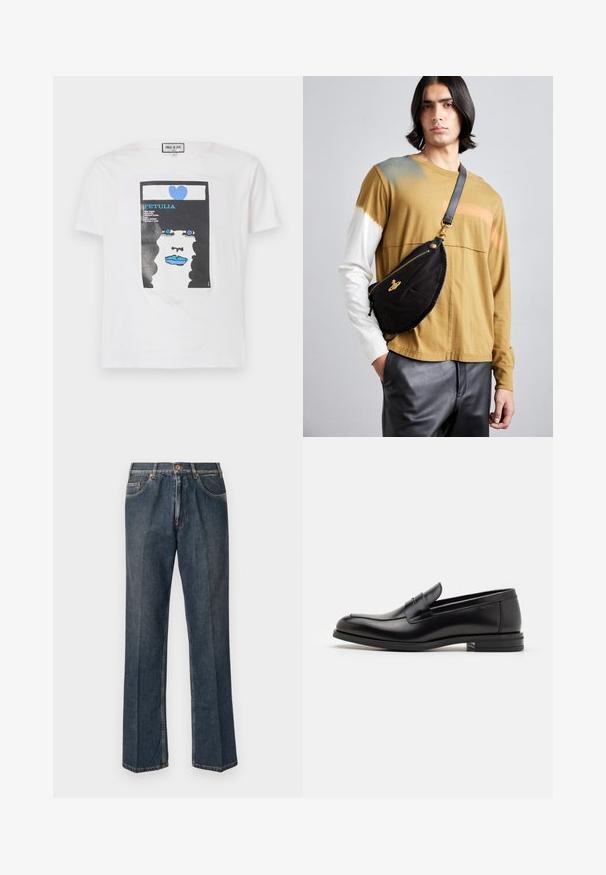 Fehér pamut póló, fekete göndör hajú arc grafikai nyomattal, kék ajkakkal és kék szívvel, szöveges elemekkel kiegészítve.; Sötétkék egyenes szárú farmernadrág elülső gombbal, cipzáros behúzással, dupla elülső zsebekkel és lábszárakon látható függőleges ráncokkal.; Fekete bőr loaferek sima textúrával, kerek orral és dekoratív pánttal a vampnál. Alacsony, rétegelt sarkú, minimalista dizájn.; Vivienne Westwood CITY BUMBAG UNISEX - Övtáska - black