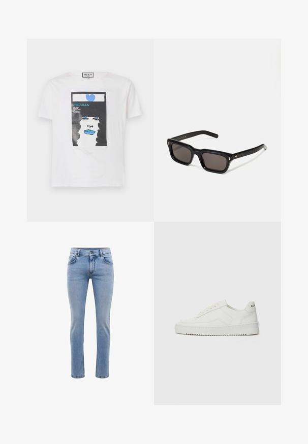 Witte katoenen t-shirt met een grafische print van een gezicht met zwart krullend haar, blauwe lippen en een blauw hart, inclusief tekstfragmenten.; Lichtblauwe denim jeans met een slim fit, vijf zakken en een rechte pijp. Voorzien van een rits en riemlussen. Zachte textuur.; Witte leren sneaker met een gladde afwerking, ronde neus, platte veters en een gestructureerde zool. Kenmerkt zich door een subtiel logo op de hiel.; Zwarte rechthoekige zonnebril met donkere lenzen, een dik plastic montuur, gouden accenten op de veren en het merkembleem gegraveerd op de arm.