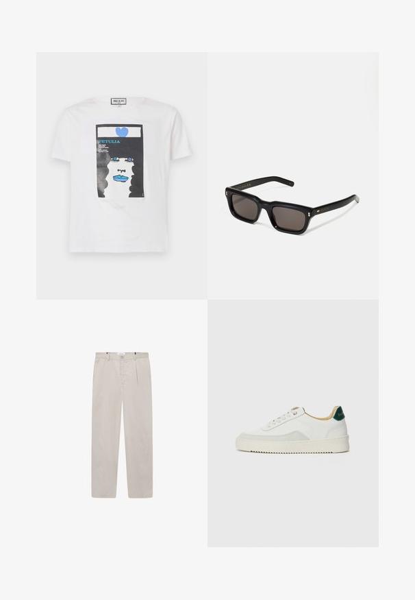 Biela bavlnená tričko s grafickým potlačou tváre s čiernymi kučeravými vlasmi, modrými perami a modrým srdcom, s textovými prvkami.; Svetlo béžové nohavice vyrobené z mäkkej tkaniny, s rovnými nohavicami, dvoma bočnými vreckami a predným zapínaním na gombík. Ľahká a hladká textúra.; Biele tenisky s semišovými akcentmi, zaoblenou špičkou, plochými šnúrkami a krémovou gumovou podrážkou. Na päte sú zelené značky.; Čierne obdĺžnikové slnečné okuliare s tmavými sklami, hrubým plastovým rámom, zlatými detailami na spánkoch a vygravírovaným logom značky na ramene.
