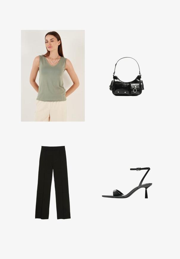 Svetlo zelena brezrokavna majica z V-izrezom. Gladek material, prileganje in brez vidnih vzorcev. Manekenka obdana z nežnimi verižicami.; Črne široke hlače iz gladkega materiala, z oprsnikom in diskretnimi sprednjimi plisami za dodano teksturo.; Bershka Sandali z visoko peto - black; Črna lakasta usnjena torbica s ukrivljeno obliko, enim ramenskim trakom, sprednjimi žepi in srebrnimi kovinskimi dodatki.