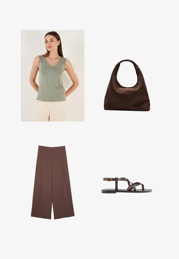 Light green sleeveless top with a V-neck design. Smooth fabric, fitted shape, and no visible patterns. Model layered with delicate necklaces.; Brown wide-leg trousers with a smooth texture, featuring a high waist and front pleats. The fabric is lightweight and flows loosely.; Brown leather sandal featuring crisscross straps, an ankle buckle closure, and a flat sole with minimal stitching details.; Soft brown hobo-style handbag with a single wide strap and a curved top handle opening, displayed on a white background.