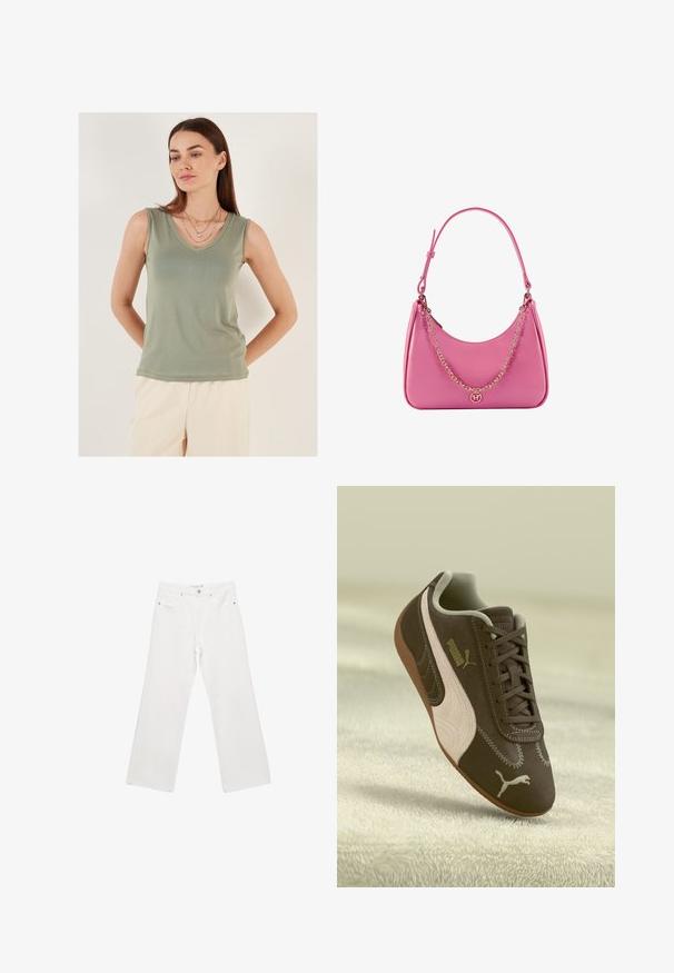 Vaaleanvihreä hihaton toppi, jossa on V-pääntie. Silkkinen kangas, vartalonmyötäinen muoto ja ei näkyviä kuvioita. Mallilla on päällä herkkiä kaulaketjuja.; Valkoiset farkkukankaiset leveälahkeiset housut, joissa on klassinen viisi-taskumalli, metalliosat ja kontrastivärinen ompelu. Sujuva pinta ja rento istuvuus.; Ruskeat Puma-tennarit, joissa on vaalea raita ja logo, nauhoitettuna, lepäävät teksturoidulla vaalealla pinnalla.; Vaaleanpunainen synteettinen olkalaukku, jossa on kaareva muoto, sileä pinta, irrotettava ketjuhihna ja pyöreä logoyksityiskohta edessä.