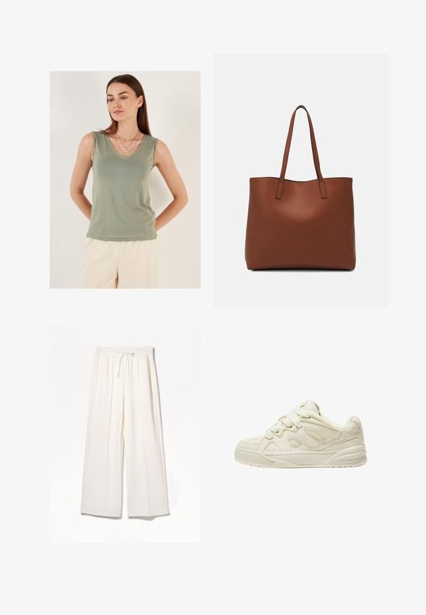 Light green sleeveless top with a V-neck design. Smooth fabric, fitted shape, and no visible patterns. Model layered with delicate necklaces.; White wide-leg trousers made from lightweight fabric, featuring an elastic waistband, drawstring, and side pockets with no visible patterns.; Beige sneakers with a textured upper, prominent laces, mesh panels, and a thick sole. Curved design with a padded collar for comfort.; Brown leather tote bag with a smooth texture, open top design, and two shoulder straps. Features minimal stitching and no visible hardware.