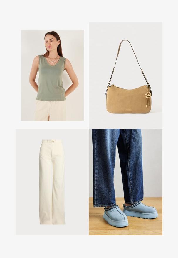 Lichtgroene mouwloze top met een V-halsontwerp. Gladde stof, slim fit en geen zichtbare patronen. Model gelaagd met delicate kettingen.; Polo Ralph Lauren COTTON CORDUROY WIDE-LEG PANT - Broek - warm white; Blauwe suède instap UGG-schoenen met dikke zolen, gedragen met een blauwe jeans op een houten vloer tegen een effen achtergrond.; Tan suède schoudertas met een gebogen vorm, gouden hardware en ritssluiting. Voorzien van een bijgevoegd charm met de initialen "MK."