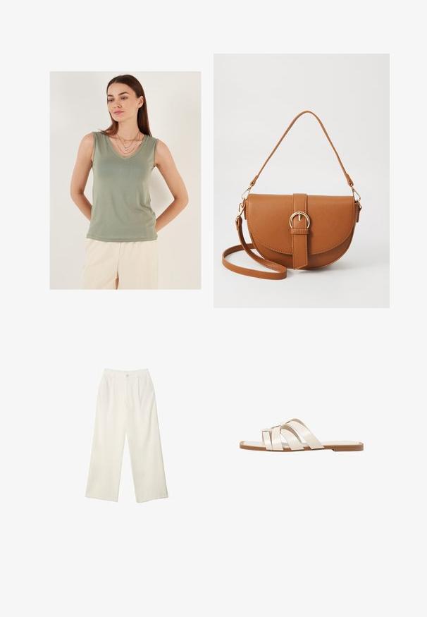 Ljusgrön ärmlös topp med V-ringning. Slät tyg, figursydd form och inga synliga mönster. Modellen har på sig delikata halsband i lager.; Breda byxor i krämfärgad tyg med en mjuk yta, med en enda knapp fram, subtila veck och en hög midja design.; Platta sandaler med en brun gummisula, designade med tre överlappande vita läderspännen och en liten rosett i mitten.; Brun läder crossbody-väska med en böjd form, gyllene detaljer och en spänneaccent. Har en avtagbar axelrem.