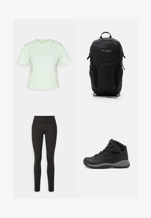 Salomon TRACKLINE TEE  - Tricou basic - sea foam; Leggings negre cu talie înaltă, șnur, textură netedă și design ajustat. Prezintă detalii de cusături de-a lungul laturilor.; Botă de drumeție neagră cu un design mediu, având un material texturat, accente gri și o talpă din cauciuc durabilă cu crampoane pentru aderență.; Rucsac Columbia Titanium negru, cu o textură de material neted, buzunare laterale, mânere superioare și curele ajustabile. Design minimalist cu o branding subtil.