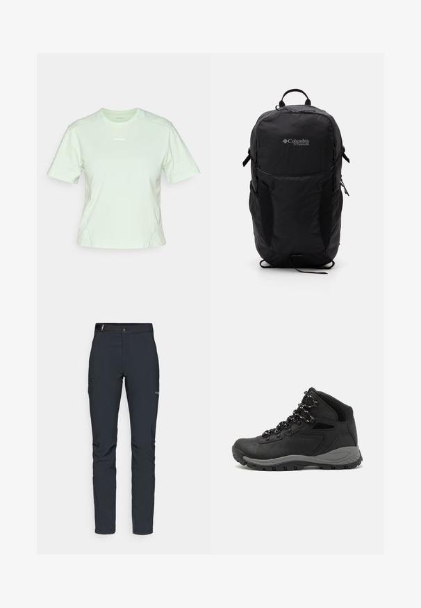 Salomon TRACKLINE TEE - Basic póló - sea foam; Férfi kültéri nadrág, sötétszürke, rugalmas anyagból készült, övvel, cipzáros zsebekkel és megerősített varratokkal.; Fekete túracipő közepes magasságú kialakítással, texturált felsőrésszel, szürke részletekkel és strapabíró gumitalppal, amelynek tapadós kiemelkedései vannak.; Fekete Columbia Titanium hátizsák sima textúrájú anyagból, oldalsó zsebekkel, felső fogantyúval és állítható pántokkal. Minimalista dizájn diszkrét márkázással.