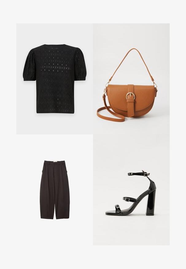 Zwarte geborduurde top met een ronde halslijn, puffmouwen en een ingewikkeld openwerkpatroon door de stof.; Zwarte wijde broek gemaakt van een gladde stof, met een hoge taille, voorplooien en zijzakken. Eenvoudig ontwerp zonder versieringen.; Zwarte patent lederen sandalen met hoge hakken, twee gespenbanden, een vierkante neus en een stevige blokhak, met een gladde, glanzende textuur.; Bruine leren schoudertas met een gebogen vorm, gouden hardware en een gespaccent. Bevat een afneembare schouderriem.