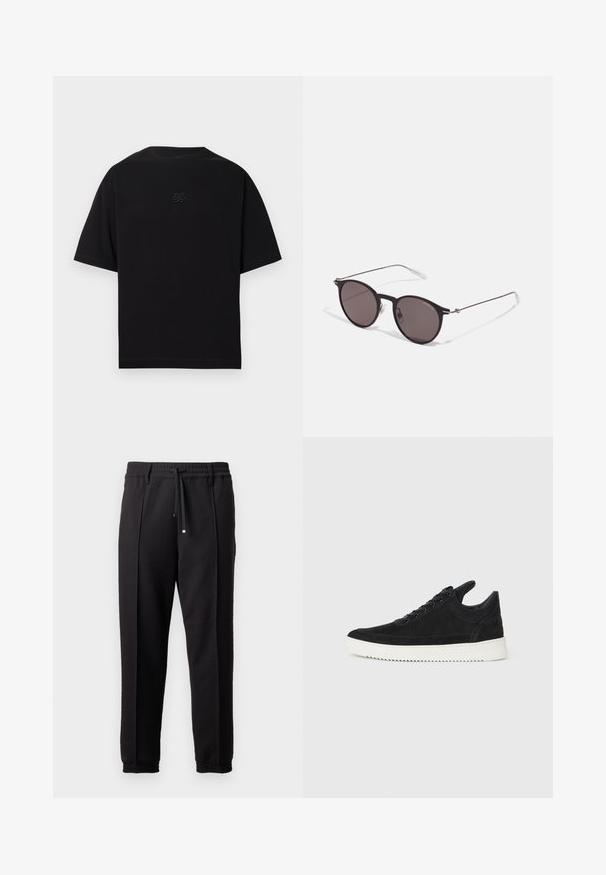 T-shirt nera a maniche corte in cotone. Presenta una scollatura rotonda e un logo ricamato discreto sul petto. Tessuto liscio.; Pantaloni neri con cintura, cordoncino e polsini elasticizzati. Presentano pieghe e un tessuto liscio e strutturato.; Sneaker in suede nero con suola in gomma bianca, caratterizzato da cuciture tonali e design con lacci. Texture liscia con una forma moderna e aerodinamica.; Occhiali da sole neri rotondi con lenti scure e sottili bracci in metallo. Include punte trasparenti e accenti argentati alla cerniera. Design minimalista.