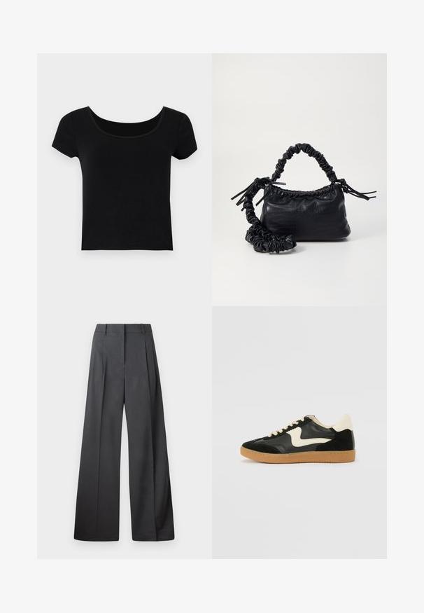 Schwarzes T-Shirt mit kurzen Ä sleeves und weitem Rundhalsausschnitt, aus einem weichen, dehnbaren Stoff gefertigt, mit figurschmeichelndem Schnitt und ohne zusätzliche Muster.; Weite Hosen aus dunkelgrauem Stoff, mit hoher Taille, einzelnen Falten und einer glatten Textur mit sauberen Abschlüssen an den Säumen.; Schwarze Wildleder- und Leder-Sneaker mit einem cremefarbenen Seiten-Swoosh und einer hellcremefarbenen Ferse. Ausgestattet mit beige Schnürsenkeln und einer Gummilaufsohle.; Schwarze Handtasche aus Kunstleder mit Krokodilstruktur, gerafftem oberen Teil und einem geschoppten Tragegurt. Sie wirkt weich und kompakt im Design.