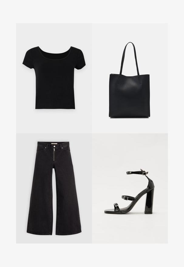 Crna majica kratkih rukava s širokim izrezom na vratu, izrađena od mekanog, rastezljivog materijala, s prilagođenim krojem i bez dodatnih uzoraka.; Široke traperice od crnog denima s prednjim zatvaračem, dizajnom s pet džepova i suptilnim detaljima šivanja. Glatka tekstura i ležeran stil.; Crne lakirane sandale na pete sa kvadratnim nosom, trakama oko gležnja i srebrnim kopčama. Imaju čvrst blok petu za stabilnost.; Crna kožna torba za nošenje s glatkom teksturom, pravokutnim oblikom i dvije duge ručke. Nema vidljivih metalnih dijelova ili ukrasa.