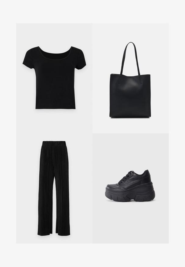 Juodas trumpas rankovėmis marškinėliai su plačiu apykaklės iškirpimu, pagaminti iš minkštos, tamprios medžiagos, su prigludusia siluetu ir be papildomų raštų.; Juodi plisuoti kelnės su elastine juosta. Turėkite plačias kojas ir glotnų, tekstūrinį audinį su vertikaliais dryžiais.; Juodi lakuoti sportbačiai su masyviu padu, turintys sklandų odinį viršų, suapvalintą pirštą ir išskirtinį sluoksniuotą platformos dizainą.; Juodas odinis tote krepšys su lygia tekstūra, stačiakampio formos ir dviem ilgais rankenomis. Matomų metalinių detalių ar puošybos nėra.