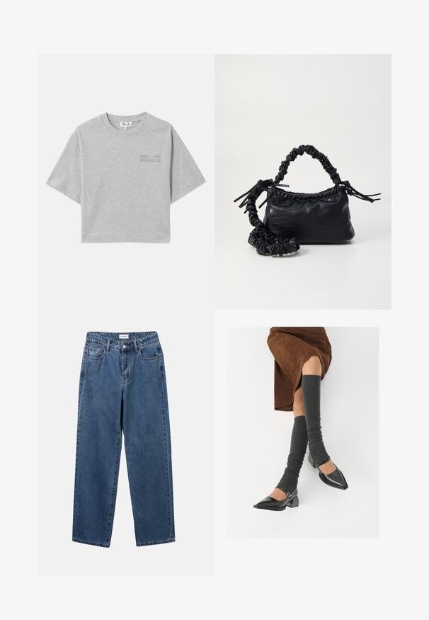 T-shirt cinza cropped com mangas curtas, feita de algodão macio. Apresenta um logo em relevo discreto na parte da frente e um decote redondo.; Jeans de denim azul clássicos com um design de perna reta, cinco bolsos e fecho de botão. Apresenta um tratamento médio e uma textura resistente.; Sapatos pretos de pele lacada com biqueira pontuda, salto bloco e tiras no tornozelo, combinados com caneleiras cinzas em malha e uma saia de camurça castanha.; Bolsa de mão em couro sintético preto com textura de crocodilo, topo franzido e alça enrugada. Apresenta um design suave e compacto.