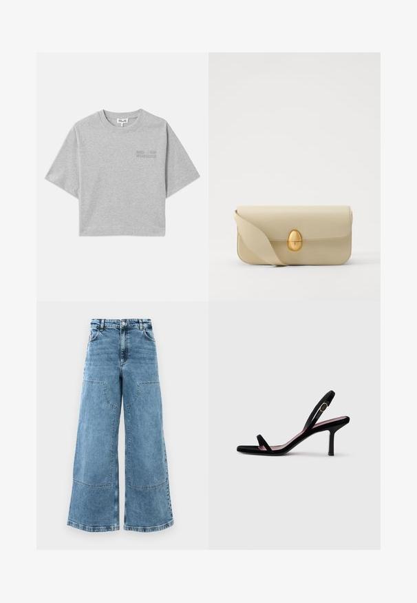 Szürke rövid ujjú, cropped póló, puha pamutból készült. Finom dombornyomott logó látható az elején, valamint kerek nyakkivágása van.; Világoskék farmer széles szárú nadrág magas derékkal, nagy elülső zsebekkel és látható varrással. Klasszikus öt zsebes dizájnnal rendelkezik.; Fekete velúr női magassarkú szandál slim pántokkal és arany csattal, fehér háttér előtt, oldalnézetben.; Beige bőrtáska sima textúrával, téglalap alakban, arany ovális zárral. Hosszú, állítható pánttal rendelkezik.