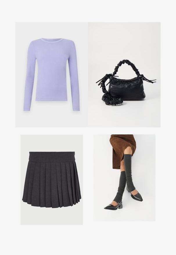 GAP ESSENTIAL - Langarmshirt - warm violet; Grauer plissierter Rock mit flachem Bund und Reißverschluss, aus einem strukturierten Stoff gefertigt, mit gleichmäßig verteilten tiefen Falten.; Schwarze lacklederne spitze Schuhe mit Blockabsatz und Knöchelriemen, kombiniert mit grauen gerippten Beinstulpen und einem braunen Wildlederrock.; Schwarze Handtasche aus Kunstleder mit Krokodilstruktur, gerafftem oberen Teil und einem geschoppten Tragegurt. Sie wirkt weich und kompakt im Design.