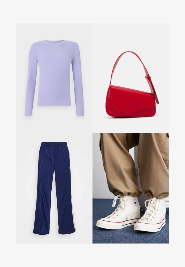 GAP ESSENTIAL - Ilgarankovis viršutinės dalies drabužis - warm violet; Jūrų karinių sportinių kelnių su elastinga juosta, tiesiomis kojomis ir šoniniais užtrauktukais. Savybės - baltos juostos iš šonų. Lygus audinio paviršius.; Balti aukštakulniai sportbačiai pagaminti iš drobės, su guminiu padu, su juodu žvaigždės logotipu ir raudonais bei tamsiai mėlynais juostų akcentais.; Raudona odinė rankinė su kampuota, geometrine forma. Pasižymi viena reguliuojama dirželiu ir dangteliu su siuvinėtais dekoracijomis.