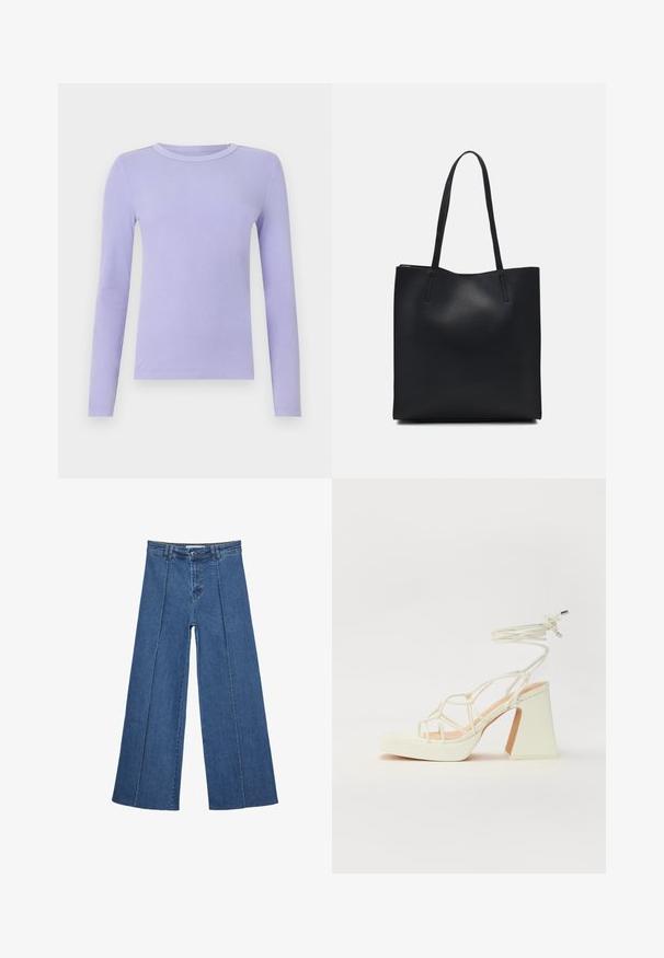 GAP ESSENTIAL - Long sleeved top - warm violet; Wide-leg denim jeans in medium blue, featuring a high waist, button closure, and contrasting vertical seam details along the front.; White high-heeled sandal with a chunky heel, featuring a strappy design and ankle tie. Smooth texture with a platform front for added height.; Black leather tote bag with smooth texture, rectangular shape, and two long handles. No visible hardware or embellishments.