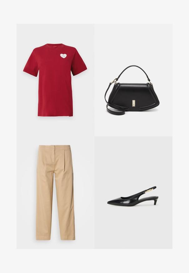 Camiseta roja de manga corta con un pequeño parche blanco en forma de corazón en el lado izquierdo del pecho que muestra la palabra "Hugo".; Pantalones de algodón beige con un corte relajado, que cuentan con dos pliegues frontales, pierna recta y un cierre clásico de botón en la cintura.; Tacones negros de piel sintética tipo slingback con punta afilada, que cuentan con un tacón delgado y un detalle en tono dorado en la correa ajustable. Textura suave.; Bolso de mano de cuero negro con un diseño estructurado, que presenta una forma recortada, asa superior y acentos en dorado. Correa de hombro ajustable incluida.