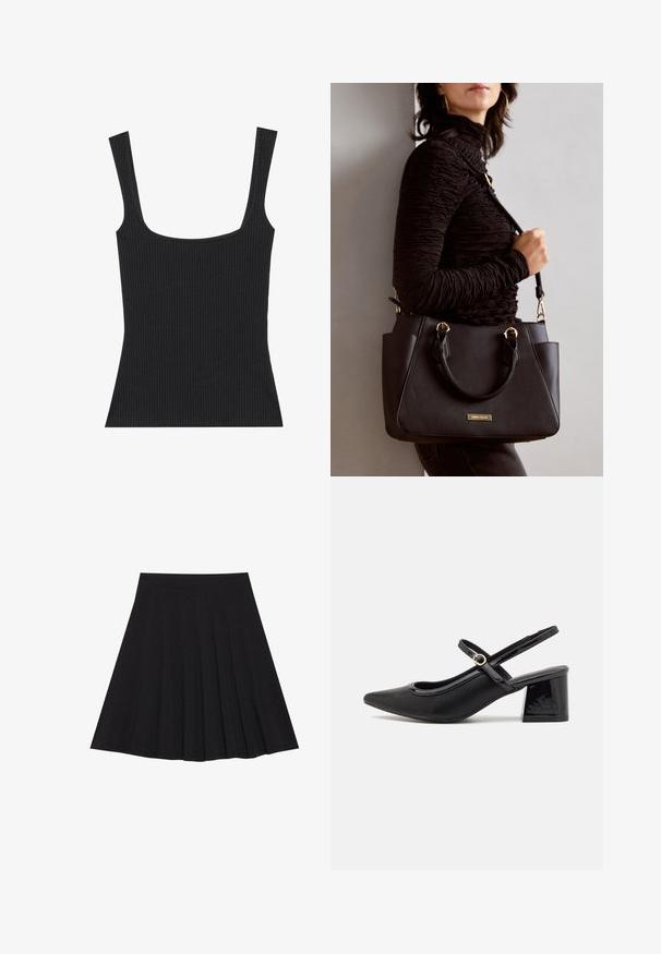 Zwarte geribbelde tanktop met een vierkante halslijn en slanke, verstelbare bandjes. De stof heeft een gestructureerd patroon en een nauwsluitend ontwerp.; Zwarte plisseerok van een gestructureerde stof met een aansluitende tailleband. Valt tot op de knie en heeft een gladde, strakke silhouette.; Zwarte gepolijste leren slingback hakken met een spitse neus, een ronde uitsnede en een blokhak. Voorzien van een gouden gespaccent.; Zwarte handtas met gestructureerd oppervlak, dubbele bovenhandvatten en verstelbare schouderriem. Voorzien van goudkleurige hardware en zijzakken.