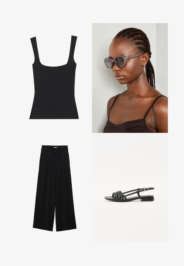 Juodas raukšlėtas tank top'as su kvadratiniu iškirpimu ir plonomis, reguliuojamomis petnešėlėmis. Audinys turi tekstūruotą raštą ir prigludusį dizainą.; Juoda plačių kojų kelnės, pagamintos iš tekstūruoto audinio, su elastingu juosmeniu ir atsegamu diržu juosmenyje, leidžiančiu reguliuoti dydį.; Juodos plokščios šlepetės su juostelėmis, turinčios kelias odines juostas ir ploną kulkšnies sagtį. Padas plokščias ir stačiakampis.; Pilki per dideli akiniai suapvalinta forma ir tamsiais lęšiais. Išskirtinės plastikinės rėmo formos glotnus paviršius. Modelis turi nertas plaukus.