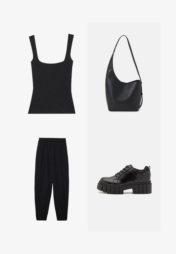 Sort ribbet tanktop med firkantet halsudskæring og slanke, justerbare stropper. Stof er præget og har en tætsiddende pasform.; Sort, lette bukser med elastisk talje og sammenfoldede ankler. Stoffet er glat og har et afslappet, indsnævret design.; Sorte læder platform sko med en klodset blokhæl, rund tå og traditionelt snøredesign. Har en glat tekstur og minimal detaljering.; Sort læder hobo taske med en glat overflade, buet form og en enkelt justerbar rem; har en bred åbning øverst.