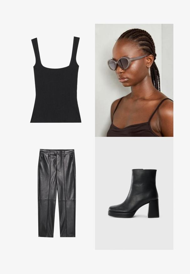 Musthave mustriba tank top ruudukujulise käisega ja peenete, reguleeritavate rihmadega. Kangas on tekstuuriga ja istub hästi.; Mustad nahkpüksid sileda tekstuuriga, sirge lõikega, kahe eesmine taskuga ja nähtavate õmblusteta.; Must musta ankle boot, milleplokk-konts ja platvormi tallaga, vaadatud küljelt ühetoonilise valge tausta peal.; Hallid ova päikeseprillid ümmarguse kujuga ja tumedate läätsega. Sujuva viimistlusega läikiv plastraam. Mudelil on põimitud juuksed.