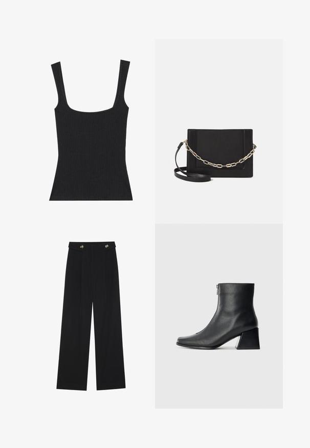 Sort ribbet tanktop med firkantet halsudskæring og slanke, justerbare stropper. Stof er præget og har en tætsiddende pasform.; Sorte vide bukser med høj talje, knapdetaljer på taljebåndet og frontfald.; Sort læderankelstøvle med firkantet tå, lynlås på siden og blokhæl mod en ensfarvet lys baggrund.; Sort læder crossbody taske med en glat tekstur, rektangulær form og en metallisk kæde detalje foran. Justerbar skulderrem inkluderet.