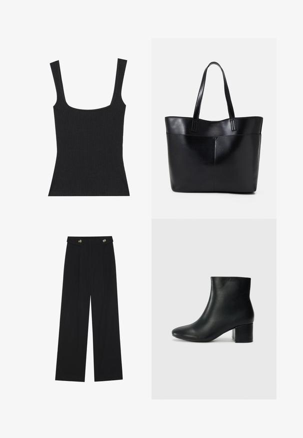 Top de alças pretas com decote quadrado e alças finas e ajustáveis. O tecido apresenta um padrão texturizado e um design ajustado.; Calças largas pretas com cintura alta, detalhes em botão na cintura e pregas frontais.; Botas de tornozelo em pele preta com bico pontiagudo e um salto robusto. Textura suave com acentos mínimos e um design ajustado e elegante.; Bolsa tote preta em couro com duas alças longas, textura suave e forma estruturada. Apresenta um bolso frontal para armazenamento adicional.