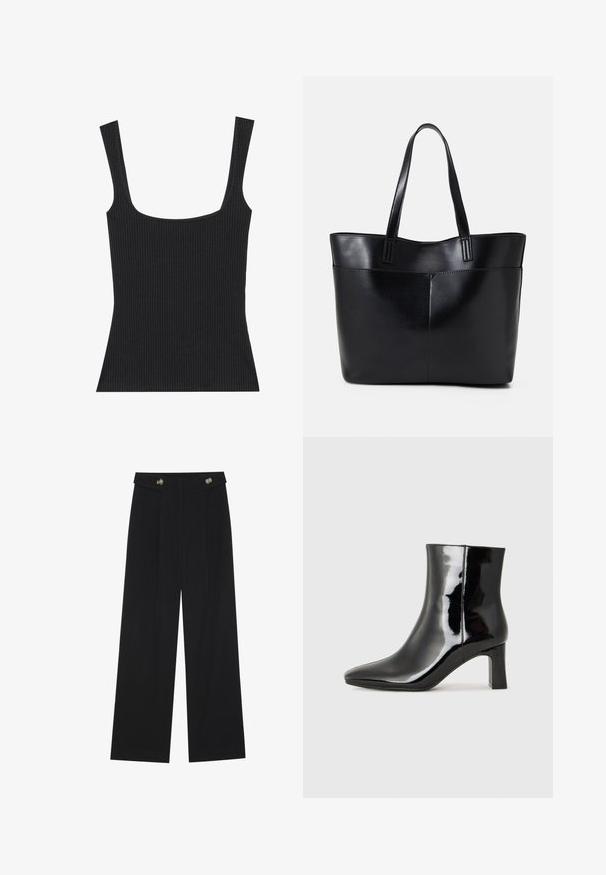 Čierny rebrovaný top s hranatým výstrihom a úzkymi, nastaviteľnými ramienkami. Tkanina má textúrovaný vzor a priliehavý strih.; Čierne široké nohavice s vysokým pásom, so zapínaním na gombíky na páse a prednými sklady.; Čierne lakované členkové topánky s špicatou špičkou a stredne vysokým blokovým podpätkom. Hladká textúra a minimalistický dizajn.; Čierna kožená tote taška s dvoma dlhými rúčkami, hladkým povrchom a štruktúrovaným tvarom. Obsahuje prednú kapsu pre dodatočné uskladnenie.