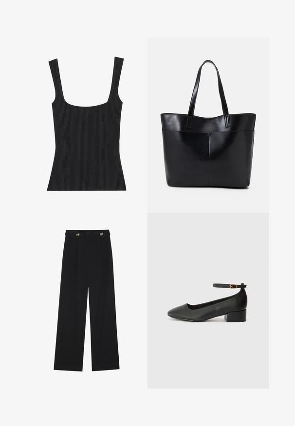 Zwarte geribbelde tanktop met een vierkante halslijn en slanke, verstelbare bandjes. De stof heeft een gestructureerd patroon en een nauwsluitend ontwerp.; Zwarte wijde broek met hoge taille, knoopdetails op de tailleband en plooien aan de voorkant.; Zwarte leren pump met een spitse neus en een lage blokhak. Beschikt over een enkelband met een goudkleurige gespsluiting. Gladde textuur.; Zwarte leren tote bag met twee lange handvatten, een zachte textuur en een gestructureerde vorm. Voorzien van een voorvak voor extra opslagruimte.