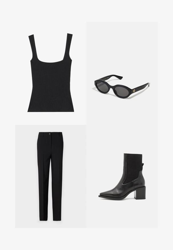 Black ribbed tank top with a square neckline and slim, adjustable straps. The fabric features a textured pattern and a fitted design.; Black tailored trousers with a straight leg design, featuring a button fastening and belt loops, made from smooth fabric.; Black ankle boot with a pointed toe, made of smooth leather and elastic fabric. Features a block heel and minimalist design.; Black oval sunglasses with dark lenses and glossy plastic frame. Features gold logo on the temple, offering a sleek and modern design.; Blue patterned handbag made of fabric, featuring a curved shape, black leather strap, and logo design in a lighter shade.