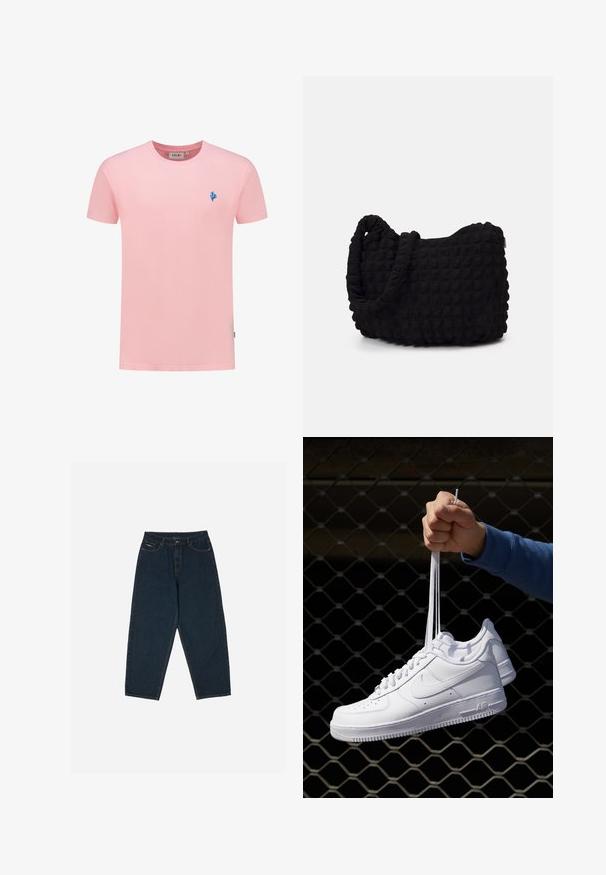 T-paita lyhyillä hihoilla pehmeää vaaleanpunaista korkealaatuista puuvillaa, jossa on pyöreä kaula-aukko. Vasemmassa rinnassa on pieni sininen korallilogoe. Sujuva pinta, rento muotoilu.; Tummansiniset korkeavyötäröiset farkut, joissa on rento leikkaus. Niissä on viisi taskua ja nappikiinnitys. Valmistettu sileästä farkkukankaasta.; Valkoiset nahkasneakersit, joissa on rei'ityksiä, pyöreä kärki, tasapohja ja paksut nauhat, joissa on näkyvä swoosh-logo ja "AIR" kantapäässä.; Musta kangaspussi, jossa on teksturoitu, tikkikuvio. Pyöreä muoto, lyhyet, paksut kahvat ja pehmeä, joustava rakenne.