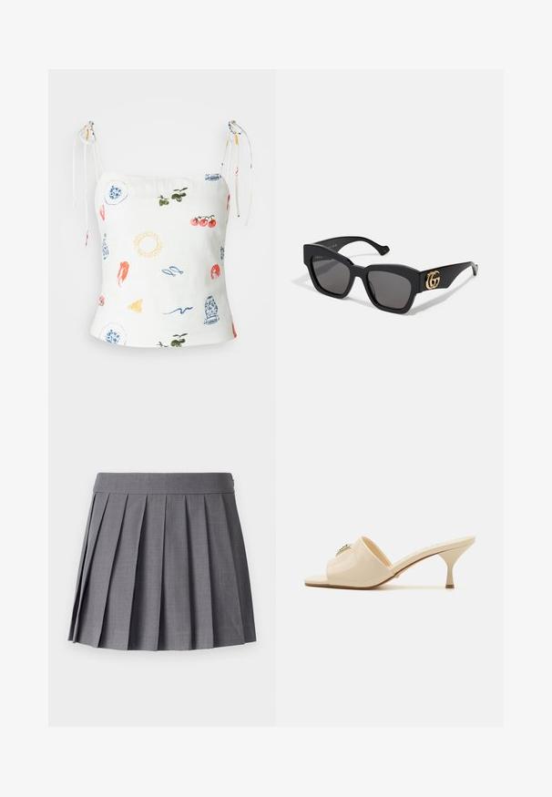 Abercrombie & Fitch SLIM TIE STRAP - Top - multi-coloured; SOMETHINGNEW SNMEGAN MINI - Falda plisada - harbor mist; Sandalia mule abierta de piel sintética beige con tacón stiletto bajo. Presenta un acento decorativo central en la parte superior. Acabado suave y brillante.; Gafas de sol rectangulares negras con lentes oscuros, que presentan el logo GG en oro en el costado. Fabricadas de plástico brillante con patillas rectas.; Bolso hobo de cuero negro con una textura lisa y brillante, que presenta un asa ancha y curva, así como un sutil pliegue frontal con un cierre metálico a presión.