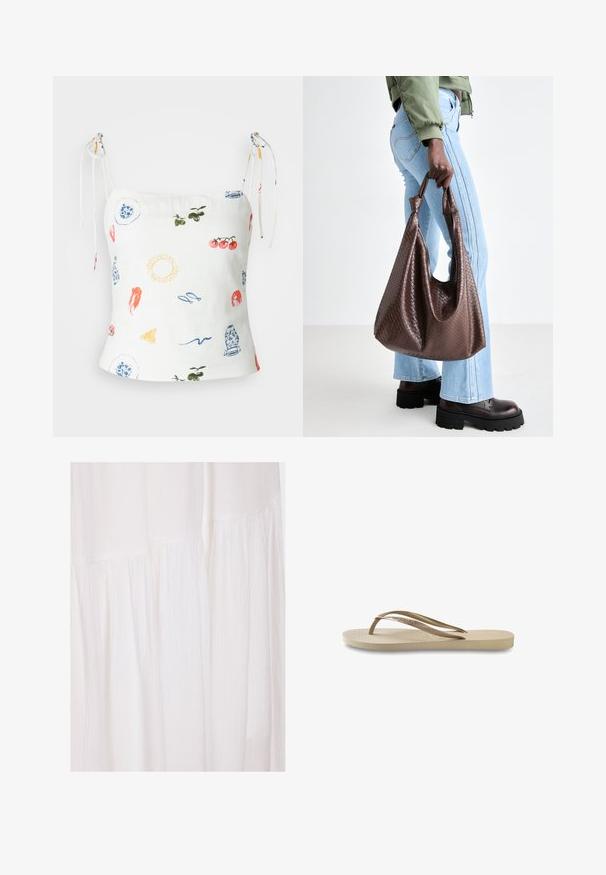 Abercrombie & Fitch SLIM TIE STRAP - Top - multi-coloured; Bijela haljina od tkanine koja ima teksturiranu površinu s mekanim nabora i neuređenim dizajnerskim elementima, stvarajući lepršavu siluetu.; Svijetlosmeđi japank s teksturiranim uloškom, ravnim potplatom i tankim, sjajnim trakama. Sadrži suptilno brendiranje na traci.; Smeđa tkaná kožna torba s čvorastim ručkama, koju nosi osoba u svijetloplavim trapericama i crnim masivnim cipelama. Glatka, teksturirana površina.