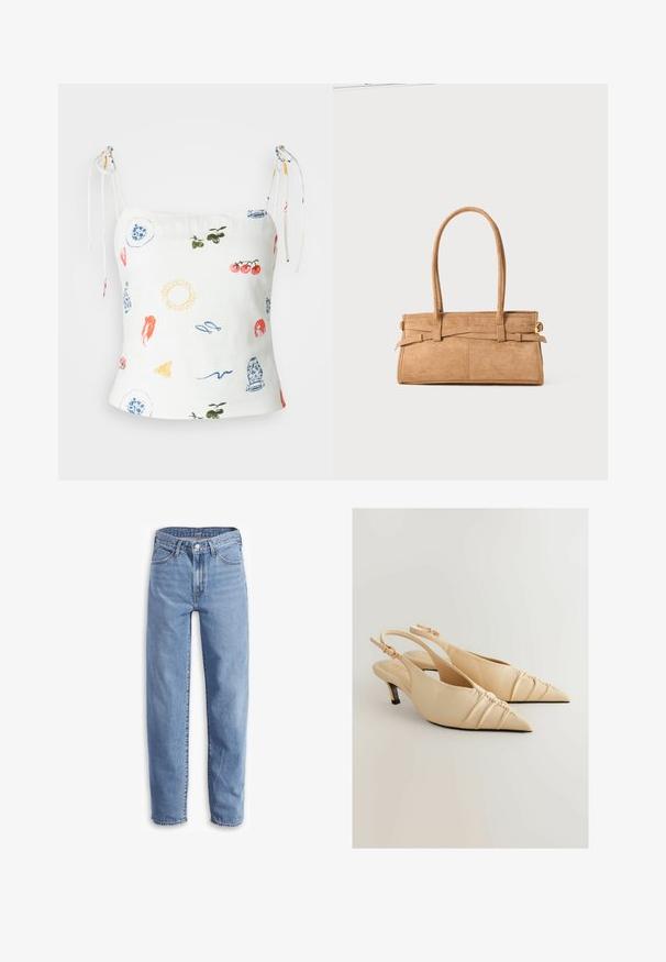 Abercrombie & Fitch SLIM TIE STRAP - Débardeur - multi-coloured; Jeans bleu clair en denim, avec une coupe décontractée, jambe droite, design à cinq poches et ourlets effilochés pour un look décontracté.; Talons slingback en cuir beige avec un bout pointu et un détail texturé froncé. Présente un petit talon et une bride de cheville ajustable.; Sac en daim beige avec deux longues poignées, de forme rectangulaire et avec des coutures décoratives. Dispose d'une bandoulière et de subtils accents en métal doré.