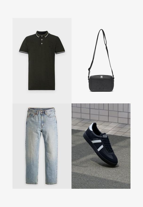 Dunkelgrünes Poloshirt aus strukturiertem Stoff. Mit einer Zwei-Knopf-Leiste, kontrastierendem weiß-blau gestreiften Kragen und Ärmelbündchen.; Helle blaue Jeans mit hoher Taille, Frontknopf, Reißverschluss und fünf Taschen-Design, flach auf einem neutralen Hintergrund ausgelegt.; Schwarze Leder-Sneaker mit weißen Streifen, strukturiertem Gummisohle und Schnürung. Verfügt über ein Markenetikett auf der Zunge.; Schwarze Leder-Crossbody-Tasche mit einem Reißverschluss, geprägtem Logo auf der Vorderseite und verstellbarem Riemen. Glatte Textur mit rechteckiger Form.