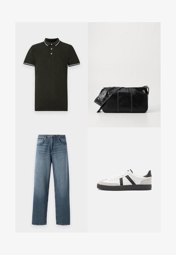Tmavozelená polo tričko vyrobené z textúrovaného materiálu. Má dva gombíky na zapínanie, kontrastný biely a námornícky pruhovaný golier a manžety na rukávoch.; Džíny z modrej denimovej látky s rovným strihom a vyblednutým umývaním, s piatimi vreckami, kovovým gombíkom a pútkami na opasok. Pevná, stredne ťažká tkanina.; Biele tenisky s čiernymi a šedými akcentmi, s textúrovanou šedou špičkou, čiernou gumovou podrážkou a plochými bielymi šnúrkami. Čistý dizajn, minimalistický štýl.; Čierna kožená kabelka cez plece so zipsovým uzáverom, so štruktúrovaným telom, bielym prešívaním a popruhom so striebornými očkami.