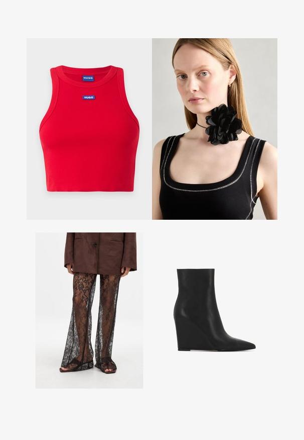 Sarkanais ribotais topiņš, izgatavots no kokvilnas, ar apaļu kakla izgriezumu. Uz priekšpuses ir redzams zils 'HUGO' logo, izceļot pieguļošu dizainu.; Melnās mežģīņu platas bikses ar ziedu rakstu, caurspīdīgu tekstūru un platu kāju atverēm, kas saskaņotas ar brūnām slīdēšanas sandalēm.; Melnas šķautnītes anklas zābaki, kas izgatavoti no teksturētas ādas; iekļauj norādītu purngalu un gludu, elegantu dizainu ar kontūrveida siluetu.; Melnā ziedu kaklarota, kas izgatavota no kārtainām ziedlapām, valkāta kopā ar melnu ribotu topu ar sudraba akcentiem apkakles un plecu daļā.