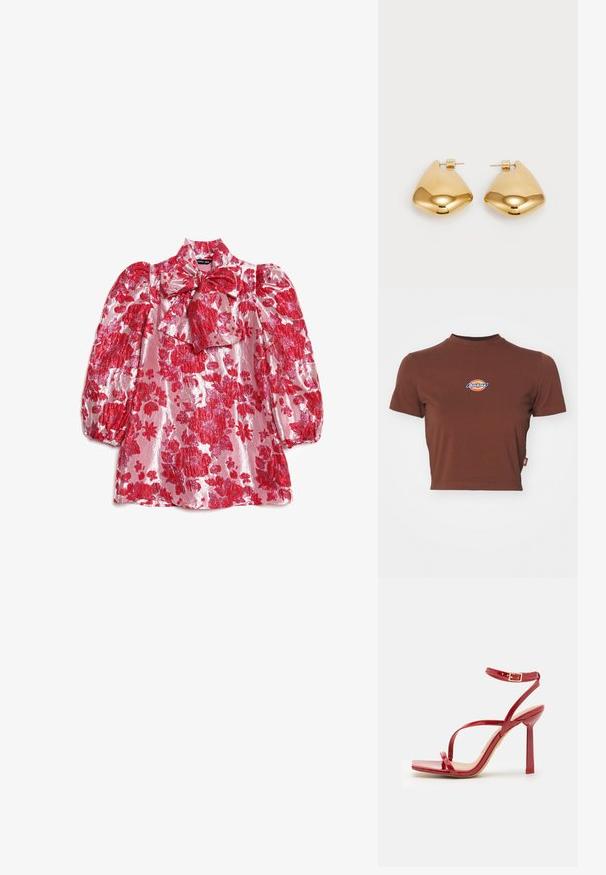 Brūna īsā t-kreklā ar ribinātu augstu kakla laineri un īsām piedurknēm. Uz krūtīm ir apļa forma ar "Dickies" logotipu zila un dzeltenā krāsā.; Sarkana ziedu blūze ar pūkainām piedurknēm, augstu apkakli un loku detaļu. Izgatavota no spīdīga auduma ar lielu ziedu rakstu rozā fonā.; ALDO SCINTILLA - Augstpapēžu sandales - red; Sarkans ādas plecu soma ar gludu tekstūru, izliekta dizaina un dekoratīvu sprādzi. Regulējams siksna un rāvējslēdzēja aizdare.; Zelta krāsas metāla auss gredzeni ar gludu, apaļu trīsstūra formu un āķa aizmuguri; atstarojoša virsma ar minimālu apdari.