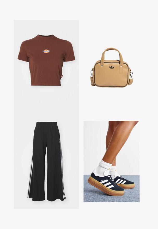 Brun cropped t-skjorte med ribbet høy hals og korte ermer. Har et sirkulært "Dickies"-logo i blått og gult på brystet.; Svart vide joggebukser med elastisk midjebånd, med hvite sidestriper og brodert logo på venstre lår.; Svarte sneakers i semsket skinn med hvite striper og detaljer, rund tå, yttersåle i gummigummi, kombinert med hvite ribbestrikkede crew-sokker.; Tan vegan lærveske med to håndtak, avtagbar skulderrem, svart kontrastsøm, og en liten svart logo på fronten.