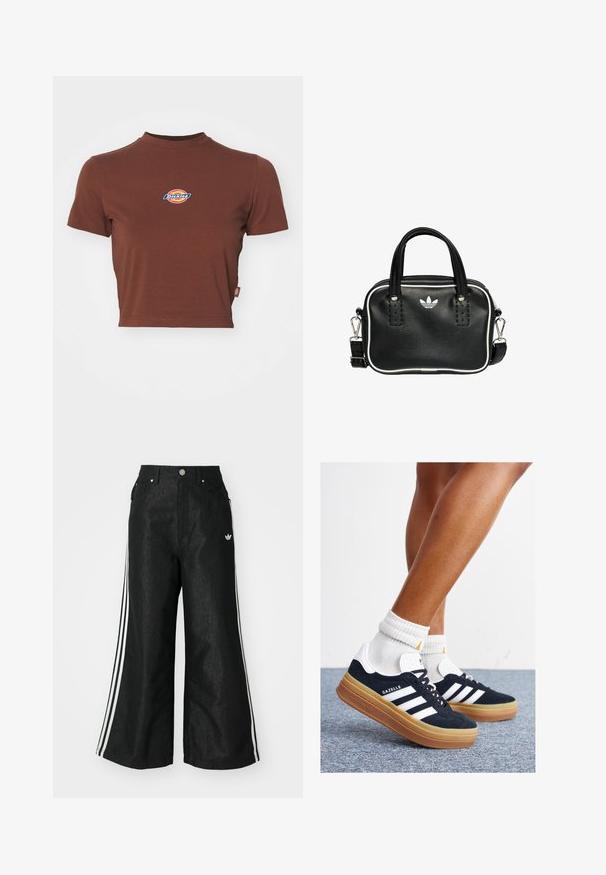Brown cropped t-shirt with a ribbed high neckline and short sleeves. Features a circular "Dickies" logo in blue and yellow at the chest.; Black wide-leg denim pants with three white stripe accents on each side and a small white logo. Features front pockets and a button closure.; Black suede sneakers with white stripes and accents, rounded toe, gum rubber outsole, paired with white ribbed crew socks.; Black leather handbag with two short handles, silver hardware, white accents, and a white logo. Features a textured surface and compact design.