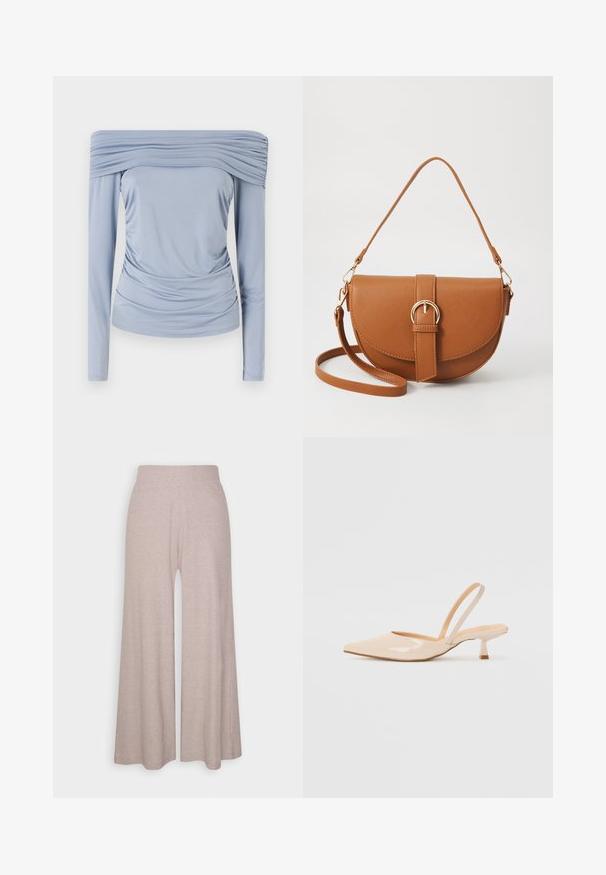 Világoskék, vállat szabadon hagyó, sima anyagból készült top, amely szedett részletekkel rendelkezik a nyakkivágásnál és a deréknál, hosszú ujjaival.; Világosszürke, bőszárú nadrág, puha, bordás anyagból készült, magas derékpánttal és teljes hosszúságú lábakkal, finom textúrával.; Bézs színű lakkbőr slingback magassarkú cipők hegyes orral és vékony, négyzetes sarkú dizájnnal. Simább textúra és minimalista stílus, díszítések nélkül.; Barna bőr keresztbody táska ívelt formával, aranyszínű fémrészekkel és csat díszítéssel. Levehető vállpánttal rendelkezik.