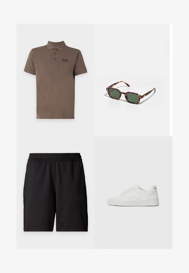 Pruun polo-särk, mis on valmistatud puuvillast, omab kraed, kolme nupuga esiosa, lühikesi varrukaid ja tumashall logo vasakul rinnal.; Mustad mustad lühikesed püksid, mis on valmistatud kerge kangaga, painduva vöökoha ja võrkpaneelidega külgedel. Brändi logo on trükitud ette.; Valge nahast tennis, millel on sile põhi, ümar varvas, lamedad nöörid ja tekstuuriline tall. Sisaldab diskreetset logo kontsaribal.; Kilpkonnakuju prillid roheliste läätsega, millel on kaheksanurkne kuju ja kitsad, kaarduvad varred. Materjalil on läikiv viimistlus.