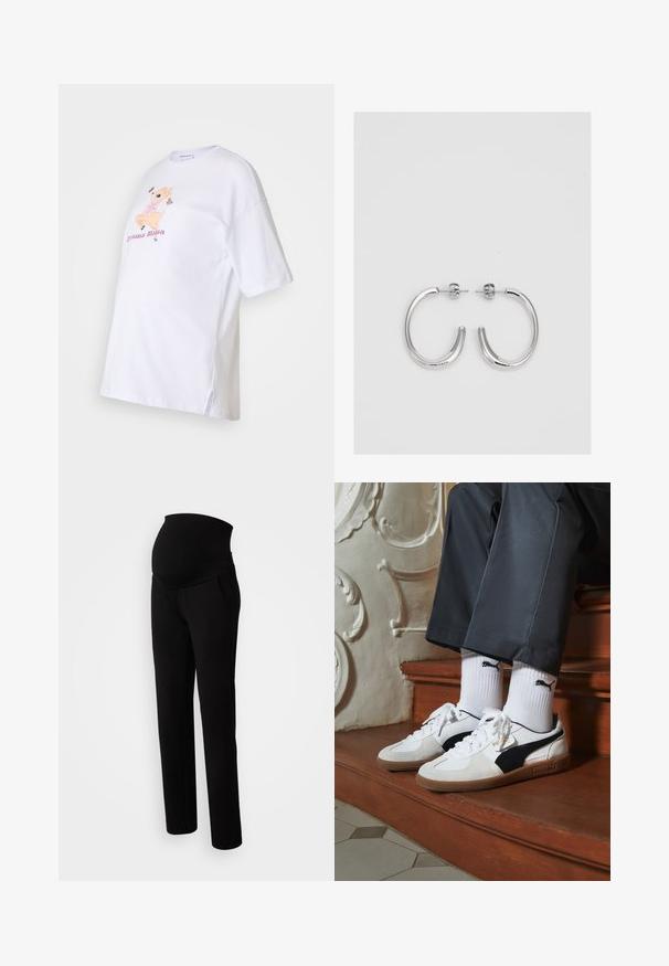 Camiseta de algodón blanca con mangas cortas, que presenta un gráfico de ciervo de dibujos animados colorido y el texto "Drama Mama" en rosa. Aberturas laterales en el dobladillo.; Pantalones de maternidad en negro, con una cinturilla elástica para mayor comodidad, bolsillos laterales, diseño de pierna recta y textura de tela suave.; Zapatillas Puma en gamuza blanca y negra, con una suela de goma marrón. Combinadas con calcetines blancos que muestran un logo negro, llevados con pantalones oscuros.; Aros de plata en forma de aro con un acabado liso y brillante. Diseño redondeado y ligero, con cierre de tipo post-back.
