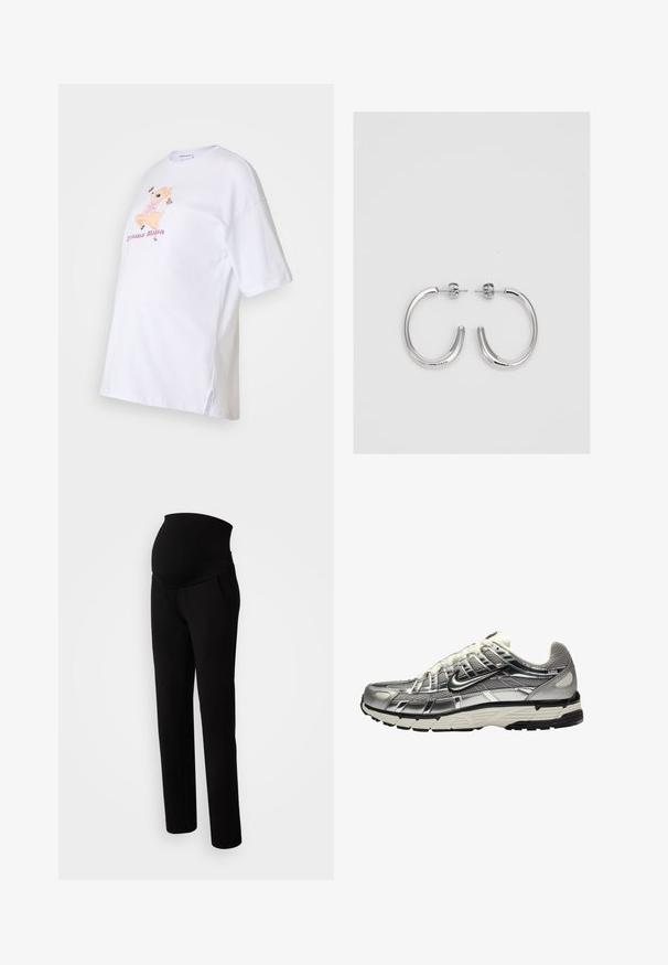 Valkoinen puuvillainen t-paita lyhyillä hihoilla, jossa on värikäs sarjakuvahirvi- graafinen kuva ja teksti "Drama Mama" vaaleanpunaisena. Sivurei'ät helman kohdalla.; Musta äitiysfarkut, joissa on joustava vyötärö mukavuutta varten, sivutaskut, suora lahkeiden muotoilu ja pehmeä kankaan rakenne.; Hopeinen ja musta urheilujalkine, jossa on verkkokangas- ja synteettinen päällinen, tilava muotoilu ja teksturoitu pinta. Varustettu pehmustetulla nilkkareunalla ja kumipohjalla.; Hopehopeet hopehopeet hopehopeet hopehopeet, jolla on sileä, kiiltävä pinta. Pyöreä muoto, kevyt rakenne, jossa on neulakiinnitys.