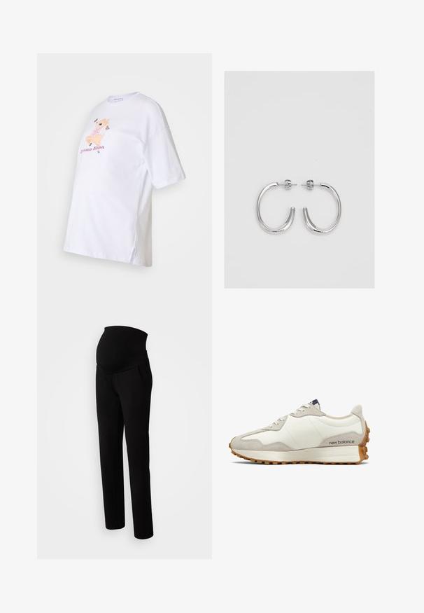 Bela bomba iz bombaža s kratkimi rokavi, z barvitim risanim motivom jelena in besedilom "Drama Mama" v roza barvi. Stranske odprtine na robu.; Maternitetne hlače v črni barvi, z raztegljivim pasom za udobje, stranskimi žepi, ravnim krojem in mehak teksturiran material.; Bela in bež superga z gladkim usnjenim zgornjim delom in semišastimi poudarki. Ima okrogle vezalke, oblazinjen podplat in teksturiran gumijast podplat.; Srebrne uhančke v obliki obroča z gladko, sijočo površino, ukrivljene oblike in zapiranjem na zatič. Minimalistična zasnova z modernim zaključkom.
