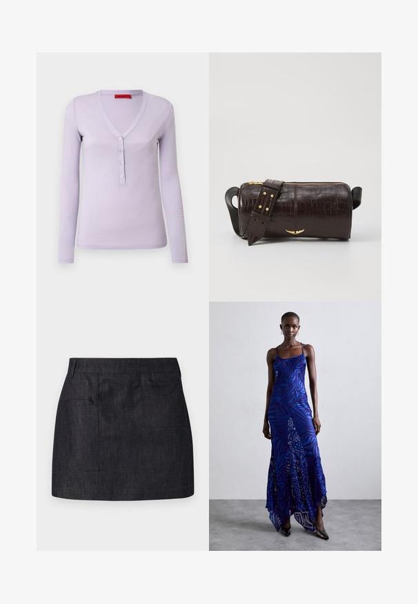 Lilac long-sleeve top with a V-neckline, featuring a five-button placket and a soft, lightweight fabric. Simple, fitted design.; Dark denim skirt with a straight cut, featuring two front pockets and subtle texture. Clean hemline and standard waistband design.; Blue and purple animal print maxi dress with thin straps, a fitted bodice, flared hem, and sheer overlay detailing.; Brown crocodile-embossed leather bag with a cylindrical shape, gold-tone hardware, and a detachable strap featuring studs.